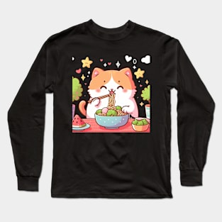 Cute Kawaii Cat Eating Noodles Long Sleeve T-Shirt